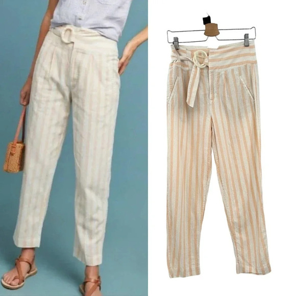 Anthropologie Pants - Anthropologie Oasis Pants Belted High-Rise Striped Crop Linen Pink White Size 2
